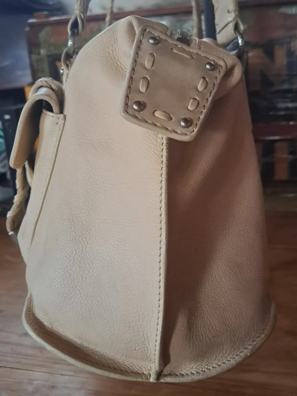 Michael Kors Western Boho Leather Satchel Shoulder Bag Cream Ivory Cargo Pockets